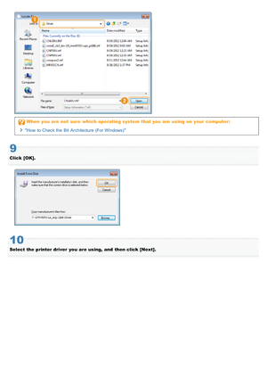 Page 723When  you  are  not  sure  which operating system  that you  are  using  on  your  computer:
How  to Check the  Bit  Architecture (For Windows) 
9
Click  [OK].
10
Select the  printer driver  you  are  using, and  then click [Next].
>à>ã>Ì>Û>Ì>ã>à
 