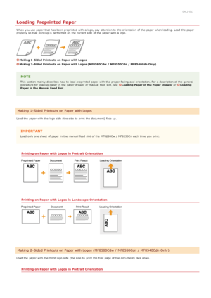 Page 820ALJ-01J
Loading Preprinted Paper
When  you use paper  that  has been preprinted with a logo,  pay attention to  the  orientation of the  paper  when loading. Load  the  paper
properly  so that  printing is  performed on  the  correct side  of the  paper  with a logo.
Making 1 - Sided Printouts on  Paper with Logos
Making 2 - Sided Printouts on  Paper with Logos (MF8580Cdw  / MF8550Cdn / MF8540Cdn Only)
NOTE
This section  mainly describes  how to  load preprinted paper  with the  proper facing  and...