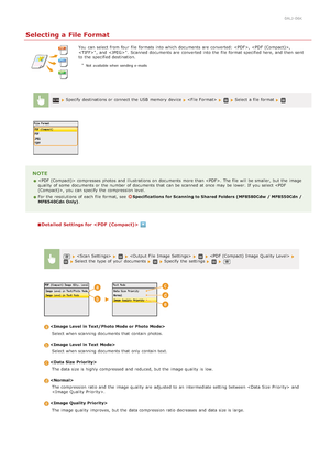 Page 2970ALJ-06K
Selecting a File Format
You  can select from four  file formats into which documents are  converted: ,  ,
 , and   . Scanned documents are  converted into the  file format specified here, and  then  sent
to  the  specified destination.
Not  available when sending e-mails
 Specify destinations or connect the  USB  memory  device     Select a file format 
NOTE
 compresses photos  and  illustrations on  documents more than .  The file will  be smaller, but the  image
quality  of some  documents or...