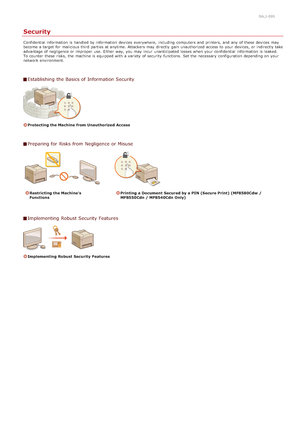 Page 3960ALJ-095
Security
Confidential information  is  handled by information  devices everywhere,  including computers and  printers, and  any of these devices may
become a target for  malicious third parties at anytime. Attackers may  directly  gain unauthorized access to  your devices,  or indirectly take
advantage of negligence or improper  use. Either way, you may  incur unanticipated losses when your confidential  information  is  leaked.
To counter these risks,  the  machine is  equipped with a variety...