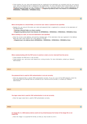 Page 568Check whether  the  user  name and  password that  are  registered to  the  destination  are  consistent  with the  user  account
(user  name and  password) that  is  registered to  the  shared  folder.  For more information  about  shared  folders, see  Send
Setting Guide (included  with the  User Software  CD -ROM). For more information  about  how to  register  destinations, see
Setting a Shared Folder  as a Save  Location or Registering Address Book from Remote  UI (MF8580Cdw  /
MF8550Cdn / MF8540Cdn...