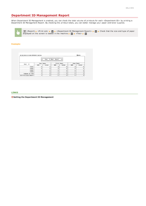 Page 6110ALJ-0ES
Department ID Management Report
When  Department  ID Management is  enabled,  you can check  the  total volume of printouts for  each   by printing a
Department  ID Management Report.  By checking  the  printout totals,  you can better manage your paper  and  toner supplies.
(Report)       Check that  the  size and  type of paper
displayed on  the  screen is  loaded  in the  machine  
Example:
LINKS
Setting the Department  ID Management
>â>Ý>Ý>Ì>Û>Ì>â>ã>â
 