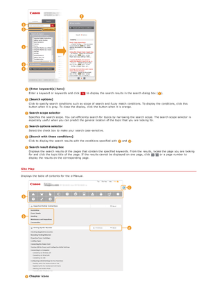 Page 660[Enter  keyword(s) here]
Enter a keyword  or keywords  and  click 
 to  display the  search results in the  search dialog  box ().
[Search options]
Click to  specify  search conditions  such as scope  of search and  fuzzy  match conditions. To display the  conditions, click this
button when it is  gray. To close the  display,  click the  button when it is  orange.
Search scope  selector
Specifies the  search scope.  You  can efficiently  search for  topics  by narrowing the  search scope.  The search...