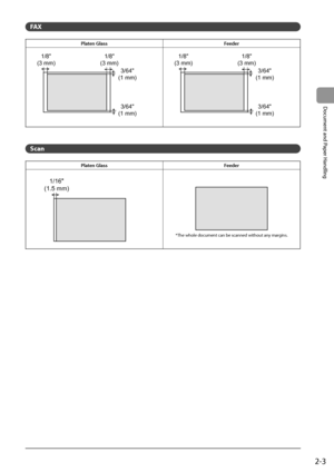 Page 392-3
Document
	and
	Paper
	Handling
FAX
Platen Glass\feeder
1/8"
(3 mm) 1/8"
(3 mm)
3/64"
(1 mm)
3/64"
(1 mm)1/8"
(3 mm) 1/8"
(3 mm)
3/64"
(1 mm)
3/64"
(1 mm)
Scan 
Platen Glass \feeder
1/16"
(1.5 mm)
*The	whole	document	can	\fe	scanned	without	any	margins.
  