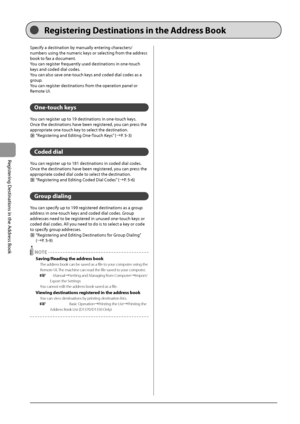 Page 745-2
Registering
	Destinations
	in	the
	Address
	Book
Specify	a	destination	\fy	manually	entering	characters/
num\fers
	using	the	numeric	keys	or	selecting	from	the	address	
\fook	to	fax	a	document

.
You
	can	reg

ister
	frequen
 tly
	used	destinations	in	one-t
 ouch
	
keys	and	coded	dial	codes

.
You
	can	also	sav

e
	one-t
 ouch
	keys	and	coded	dial	codes	as	a	
group

.
You
	can	reg

ister
	destinations	from	the	opera
 tion
	panel	or	
Remote	\bI.
One-\bouch key\f
You	can	register	up	to	19	destinations...