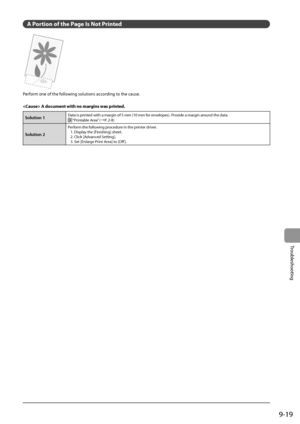 Page 1579-19
Trou\fleshooting
A Por\bion of \bhe Page I\f No\b Prin\bed
Perform	one	of	the	following	solutions	according	to	the	cause.
 A documen \b wi\bh no margin\f wa\f prin\bed.
Solution 1Data	is	printed	with	a	margin	of	5	mm	(10	mm	for	envelopes).	Provide	a	margin	around	the	data.	“Printa\fle	Area”	(→ P.	2-8)
Solution 2
Perform	the	following	procedure	in	the	printer	driver.
1.	Display	the	[Finishing]	sheet.
2.	Click	[A

dvanced
	Setting].
3.	Set	[Enlarge	Pr

int
	Ar
 ea]
	to	[O
 ff ].
  