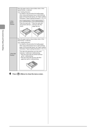 Page 542-18
Document
	and
	Paper
	Handling
 Place
	the	paper	stack	as	shown	\felow	when	
	is	select
 ed.
(
:	Feeding	direction)
*	 For	details	on	the	proc edure	for	loading	paper	when	using	multi-purpose	tra

y
	or	when	prin
 ting
	pages	of	the	landscape	lay

out,
	see	“Paper	Loading	Orienta

tion.””Paper
	Loading	Orienta
 tion”
	(→P
 .
	2-13).
For	1-sided	printing For	2-sided	printing
Place
	the	stack	with	the	prin

ted
	side	face	down.
Place	the	stack	with	the	fron t	side	(first	page)	face	up.
 Place
	the...