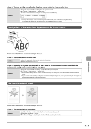 Page 1037-17
Troubleshooting
 The toner cartridge was replaced, or the printer was not printed for a long period of time. 
Solution
Change the  setting from the operation panel. e-Manual à Maintenance à Special Mode
The level of improvement according to the setting option is as following.
 à  à  à 
(low)
 (high)
*  Change of paper type or environment may reduce the streaks, even without changing the setting.
*  As you select an option that has higher effect, printing speed becomes slower.
  
  
 Smudge...