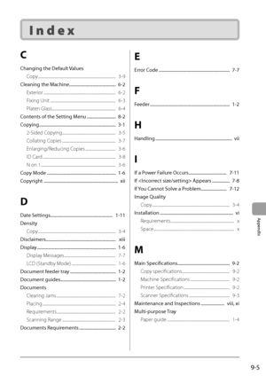 Page 1139-5
Appendix
 Index 
C
Changing the Default ValuesCopy ........................................................................\
...........   3-9
Cleaning the Machine ..........................................  6-2 Exterior ........................................................................\
.....   6-2
Fixing Unit ......................................................................   6-3
Platen Glass................................................................\
....   6-4
Contents of the...