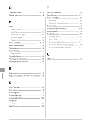 Page 1149-6
Appendix
O
Operation Panel ............................................   1-2, 1-5
Output tray ..............................................................  1-2
P
PaperClearing Jams ...............................................................   7-2
Loading ........................................................................\
....   2-9
Paper Size and Type...............................................   2-14
Printable Range ...........................................................   2-8...