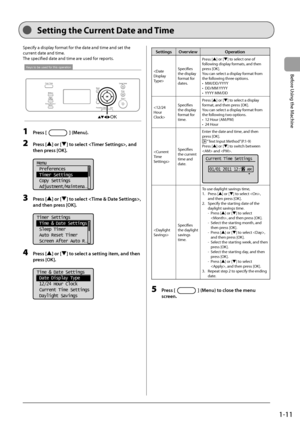 Page 291-11
Before Using the Machine
    
 Setting the Current Date and Time  
 Specify a display format for the date and time and set the 
current date and time.  
 The specified date and time are used for reports. 
 
Keys to be used for this operation
OK 
 1 Press [] (Menu). 
 2 Press [] or [] to select , and 
then press [OK]. 
     
Menu
 Preferences
 Timer Settings
 Copy Settings
 Adjustment/Maintena
...  
 3 Press [] or [] to select , 
and then press [OK]. 
     
Timer Settings
 Time & Date Settings
 Sleep...