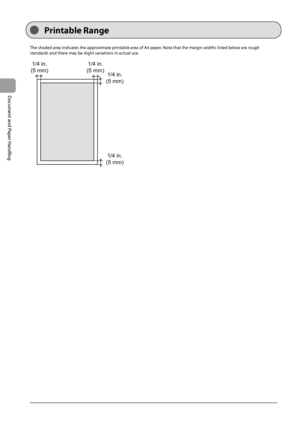 Page 382-8
Document and Paper Handling
 The shaded area indicates the approximate printable area of A4 paper. Note that the margin widths listed below are rough 
standards and there may be slight variations in actual use.    
 
1/4 in.
(5 mm) 1/4 in.
(5 mm) 1/4 in.
(5 mm)
1/4 in.
(5 mm)  
   Printable  Range 
 