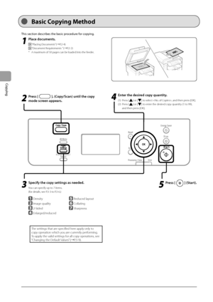 Page 503-2
Copying
 This section describes the basic procedure for copying. 
 1
 Place documents. 
  “Placing Documents” (àP.2-4) 
 
 “Document Requirements ” (àP.2-2) 
*   A maximum of 50 pages can be loaded into the feeder.  
 2
 Press []. (Copy/Scan) until the copy 
mode screen appears. 
 3
   Specify the copy settings as needed.  
  You can specify up to 7 items.  
  (for  details,  see   P.3-3   to   P.3-6 .)  
     
 Density
  
  Image quality 
  
  2-Sided 
  
  Enlarged/reduced    
  Reduced layout...