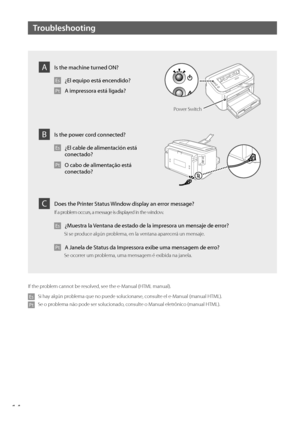 Page 1414
Troubleshooting
Power Switch
If the problem cannot be resolved, see the e-Manual (HTML manual).
Es  Si hay algún problema que no puede solucionarse, consulte el e-Manual (manual HTML).
Pt  Se o problema não pode ser solucionado, consulte o Manual eletrônico (manual HTML).
Is the machine turned ON?
Es  ¿El equipo está encendido?
Pt  A impressora está ligada?
A
Is the power cord connected?
Es  ¿El cable de alimentación está 
conectado?
Pt  O cabo de alimentação está conectado?
B
Does the Printer Status...