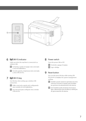 Page 77
6  (Wi-Fi) indicator
Lights up when the machine is connected to a 
wireless LAN.
 
Es   Se ilumina cuando el equipo está conectado   
  a una r
ed inalámbrica.   
 
Pt   Acende quando a impressora está conectada   
  a uma LAN sem fi
 o.
 
7   (Wi-Fi) key
Use this key when setting up a wireless LAN 
connection.
 
Es   Utilice esta tecla cuando esté confi gurando   
  una conexión de r
ed inalámbrica.
 
Pt   Use esta tecla para confi gurar uma conexão   
  LAN sem fi
 o.
8 Power switch
Turns the power...