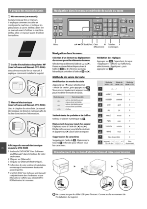 Page 2020
Fr
 Navigation dans le menu et méthode de saisie du texteA propos des manuels fournis
Mise en route (ce manuel) :
Commencez par lire ce manuel. 
Il explique comment installer et 
confi gurer la machine, et indique les 
précautions à suivre. Veillez à bien lire 
ce manuel avant d’utiliser la machine. 
Veillez à lire ce manuel avant d’utiliser 
la machine.
 Guide d’installation des pilotes MF (User Software and Manuals DVD-ROM) :
Vous devez ensuite lire ce manuel. Il 
explique comment installer le...