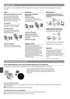 Page 2626
Fr
Procédures utiles
Cette machine vous permet d’eff ectuer diff  érentes opérations. Vous trouverez ci-dessous une description des fonctions les plus 
courantes.
Copie
Agrandissement/Réduction de copie
Vous pouvez agrandir ou réduire 
les documents de taille standard 
afi n de les copier sur du papier de 
format standard, ou défi nir un taux de 
reproduction en pourcentage.
Tri séquentiel
Vous pouvez trier les copies en jeux 
organisés dans l’ordre des pages.
Disposition réduite
Il est possible de...