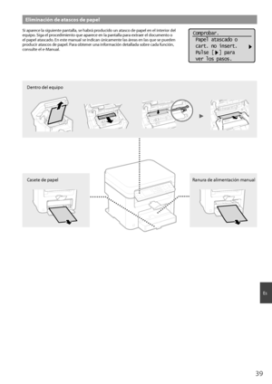 Page 3939
Es
Eliminación de atascos de papel
Si aparece la siguiente pantalla, se habrá producido un atasco de papel en el interior del 
equipo. Siga el procedimiento que aparece en la pantalla para extraer el documento o 
el papel atascado. En este manual se indican únicamente las áreas en las que se pueden 
producir atascos de papel. Para obtener una información detallada sobre cada función, 
consulte el e-Manual.Comprobar.
 Papel atascado o
 cart. no insert.
 Pulse [  ] para
 ver los pasos.
Dentro del...