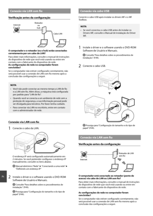 Page 4646
Pt
 Conexão via LAN com fi o
Verifi  cação antes da confi  guração
Internet Roteador
ou
hub
Cabo LAN
O computador e o roteador (ou o hub) estão conectados 
corretamente por um cabo de LAN?
Para obter mais informações, consulte o manual de instruções 
do dispositivo de rede que você está usando ou entre em 
contato com o fabricante do dispositivo de rede.
As confi  gurações de rede no computador foram 
concluídas?
Se o computador não estiver confi gurado corretamente, não 
será possível usar a conexão...