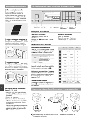 Page 2222
Fr
 Navigation dans le menu et méthode de saisie du texte
Mémoriser nom unité
 Canon-1A
Appliquer
A/a/12 Symbole
◀▶

Back (Préc.) #
Clear 
(Eff  acement)Touches 
numériques
A propos des manuels fournis

Mise en route (ce manuel) :
Commencez par lire ce manuel. 
Il explique comment installer et 
confi gurer la machine, et indique les 
précautions à suivre. Veillez à bien lire 
ce manuel avant d’utiliser la machine. 
Veillez à lire ce manuel avant d’utiliser 
la machine.
 Guide d’installation des...