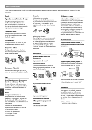 Page 2828
Fr
Procédures utiles
Cette machine vous permet d’eff ectuer diff  érentes opérations. Vous trouverez ci-dessous une description des fonctions les plus 
courantes.
Copie
Agrandissement/Réduction de copie
Vous pouvez agrandir ou réduire 
les documents de taille standard 
afi n de les copier sur du papier de 
format standard, ou défi nir un taux de 
reproduction en pourcentage.
Copie recto-verso*
Vous pouvez copier des documents 
recto-verso sur les deux faces d’une 
feuille de papier.
Tri séquentiel...