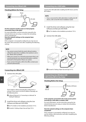 Page 1010
En
 Connecting via a Wired LAN
Checking Before the Setup
InternetRouter
or
hub
LAN cable
Are the computer and the router (or hub) properly 
connected using a LAN cable?
For more information, see the instruction manual for the 
network device you are using, or contact the networking 
device manufacturer.
Have the network settings on the computer been 
completed?
If the computer is not properly confi  gured, you may not use 
the wired LAN connection even after completing the following 
settings.
NOTE
•...