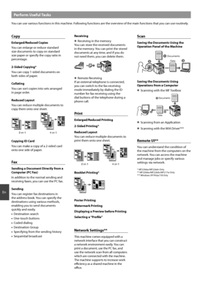 Page 1414
En
Perform Useful Tasks
You can use various functions in this machine. Following functions are the overview of the main functions that you can use routinely.
Copy
Enlarged/Reduced Copies
You can enlarge or reduce standard 
size documents to copy on standard 
size paper or specify the copy ratio in 
percentage.
2-Sided Copying*
You can copy 1-sided documents on 
both sides of paper.
Collating
You can sort copies into sets arranged 
in page order.
Reduced Layout
You can reduce multiple documents to...