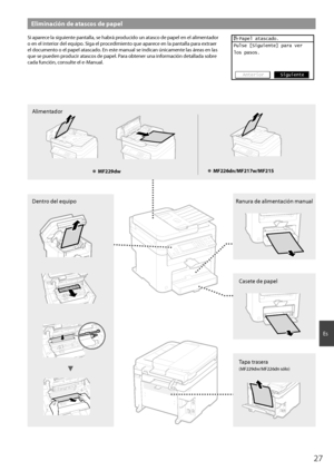 Page 2727
Es
Eliminación de atascos de papel
Si aparece la siguiente pantalla, se habrá producido un atasco de papel en el alimentador 
o en el interior del equipo. Siga el procedimiento que aparece en la pantalla para extraer 
el documento o el papel atascado. En este manual se indican únicamente las áreas en las 
que se pueden producir atascos de papel. Para obtener una información detallada sobre 
cada función, consulte el e-Manual.  Papel atascado.
Pulse [Siguiente] para ver
los pasos.
Anterior Siguiente...