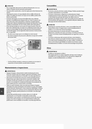 Page 3030
Es
  ATENCIÓN
•  Por su seguridad, desconecte el cable de alimentación si no va a  utilizar el equipo durante períodos prolongados.
•  Sea precavido cuando abra y cierre las tapas para evitar lesionarse las  manos.
•  Mantenga las manos y la ropa alejados de los rodillos del área de  salida. Si se pillara las manos o la ropa con los rodillos, podría sufrir 
lesiones personales.
•  El interior del equipo y la ranura de salida están muy calientes  durante e inmediatamente después del uso. Evite el...