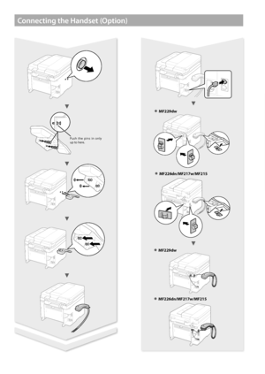 Page 66
Connecting the Handset (Option)
 
●MF229dw
 
●MF226dn/MF217w/MF215
 
●MF229dw
 
●MF226dn/MF217w/MF215
Push the pins in only 
up to here.
 