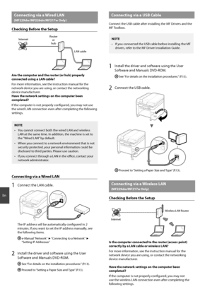 Page 1010
En
 Connecting via a Wired LAN
(MF229dw/MF226dn/MF217w Only)
Checking Before the Setup
InternetRouter
or
hub
LAN cable
Are the computer and the router (or hub) properly 
connected using a LAN cable?
For more information, see the instruction manual for the 
network device you are using, or contact the networking 
device manufacturer.
Have the network settings on the computer been 
completed?
If the computer is not properly confi  gured, you may not use 
the wired LAN connection even after completing...