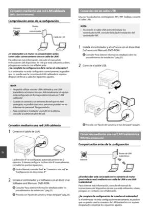 Page 2222
Es
 Conexión mediante una red LAN cableada 
(MF212w únicamente)
Comprobación antes de la confi guración
InternetRouter
o
concentrador
Cable de LAN
¿El ordenador y el router (o concentrador) están 
conectados correctamente con un cable de LAN?
Para obtener más información, consulte el manual de 
instrucciones del dispositivo de red que está utilizando, o bien, 
póngase en contacto con el fabricante.
¿Se completó la confi  guración de la red en el ordenador?
Si el ordenador no está confi gurado...