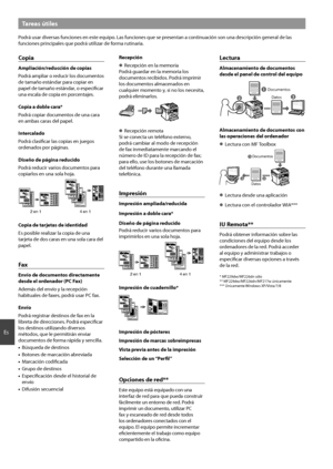 Page 2626
Es
Tareas útiles
Podrá usar diversas funciones en este equipo. Las funciones que se presentan a continuación son una descripción general de las 
funciones principales que podrá utilizar de forma rutinaria.
Copia
Ampliación/reducción de copias
Podrá ampliar o reducir los documentos 
de tamaño estándar para copiar en 
papel de tamaño estándar, o especifi car 
una escala de copia en porcentajes.
Copia a doble cara*
Podrá copiar documentos de una cara 
en ambas caras del papel.
Intercalado
Podrá clasifi...