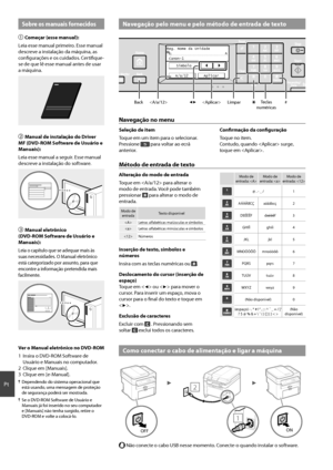 Page 5050
Pt
 Navegação pelo menu e pelo método de entrada de texto
Reg. Nome da Unidade
 Canon-1A
Aplicar
A/a/12 Símbolo
◀▶

Back #
LimparTeclas
numéricas
Sobre os manuais fornecidos
 Começar (esse manual):
Leia esse manual primeiro. Esse manual 
descreve a instalação da máquina, as 
confi  gurações e os cuidados. Certifi  que-
se de que lê esse manual antes de usar 
a máquina.
 Manual de instalação do Driver 
MF (DVD-ROM Software de Usuário e 
Manuais):
Leia esse manual a seguir. Esse manual 
descreve a...