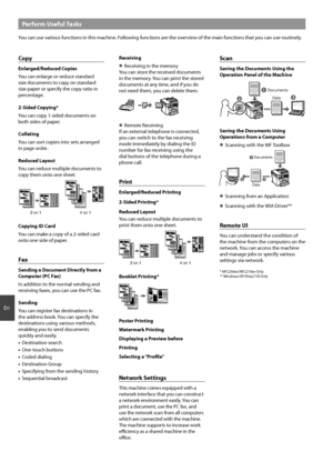 Page 1414
En
Perform Useful Tasks
You can use various functions in this machine. Following functions are the overview of the main functions that you can use routinely.
Copy
Enlarged/Reduced Copies
You can enlarge or reduce standard 
size documents to copy on standard 
size paper or specify the copy ratio in 
percentage.
2-Sided Copying*
You can copy 1-sided documents on 
both sides of paper.
Collating
You can sort copies into sets arranged 
in page order.
Reduced Layout
You can reduce multiple documents to...