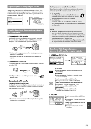 Page 5151
Pt
Especifi  cação das confi  gurações iniciais
Siga as instruções no ecrã, confi  gure o idioma e a hora. Para 
detalhes sobre como navegar no menu e sobre como inserir 
números, consulte “Navegação pelo menu e pelo método de 
entrada de texto” (
  P.50).
Language
 English
 French
 Portuguese
 Spanish
 EnglishConfig. Atuais Hora
08/08 2014 10:00 AM(0:00-12:59)
Aplicar
Escolha do método de conexão da máquina 
ao computador
 
●Conexão via LAN com fi  oVocê pode conectar a máquina ao computador por meio...