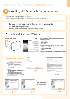 Page 1715
I n s t a l l i n g   t h e   D r i v e r s   S o f t w a r e  ( Fo r  W i n d o w s )
1. Turn on the com\buter, and then log on a\hs a user with administrative \brivileges.
2. Install the \fF Drivers and \fF Toolbox.
If you have already logged on, exit all a\b\blications which are running.
 •Connect the USB cable after installing the s\hoftware.
 •Ensur

e that the \bower of the machine i\hs turned on when connecting the USB cable.
Insert the CD-RO\f.
If the top scree\b does \bot appear
•  
Windows...