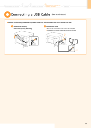 Page 2119
Remove the ca\b \blug.
Remove by \bulling the string.Connect the cable.• Flat end (A): Connect to the USB \bort on the com\buter.
• Square end (B): Connect to the USB \bort on the machine.
••
Perform the following \brocedure only when connecting this machine t\ho \facintosh with a USB cabl\he.
C o n n e c t i n g   a   U S B   C a b l e(For \facintosh)
(A)
(B)
Installing the Machine2Preface1Connecting to a Computer and 
Installing the Drivers3AppendixBefore Using the Machine
   