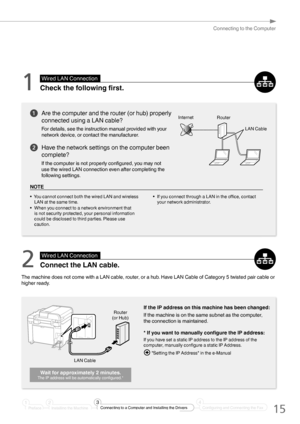 Page 1515
Connecting to the Computer
 Are the computer and the router (or hub) properly 
connected using a LAN cable?
For details, see the instruction manual provided with your 
network device, or contact the manufacturer.
	 Have the network settings on the computer been 
complete?
If the computer is not properly conﬁ gured, you may not 
use the wired LAN connection even after completing the 
following settings. 
NOTE
•  You cannot connect both the wired LAN and wireless  LAN at the same time. 
•  When you...