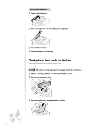 Page 9696
MF4880dw/MF4770n
1 Open the feeder cover.
 
2 Remove any jammed document by pulling it gently.
 
3 Close the feeder cover.
4 Place documents in the feeder.
 Clearing Paper Jams Inside the Machine
Follow the procedure below to remove jammed paper.
1StepStepCheck and remove the jammed paper inside the machine. 
1 Lift the scanning platform, and then open the toner cover.
2 Remove the toner cartridge.
 
3 Remove any jammed paper by pulling it gently.
 
 