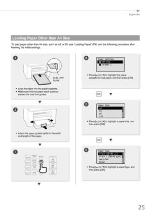 Page 2525
Appendix
 Loading Paper Other than A4 Size
 To load paper other than A4 size, such as A5 or B5, see “Loading Paper” (P.8) and the following procedure after 
ﬁ nishing the initial settings.




• Press [ ▲] or [▼] to highlight the paper 
cassette to load paper, and then press [OK].
• Press [ ▲] or [▼] to highlight a paper size, and 
then press [OK].

• Press [ ▲] or [▼] to highlight a paper type, and 
then press [OK].
Paper Settings
     MP Tray
     Drawer 1
 
1
Paper Size
 A4
 A5
 B5
 LTR
Paper...