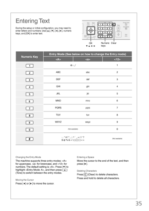 Page 3535
 
Entering Text
During the setup or initial conﬁ guration, you may need to 
enter letters and numbers. Use [ ▲], [▼], [◀], [▶], numeric 
keys, and [OK] to enter text.
Numeric Key Entry Mode (See below on how to change the Entry mode)
 
@.-_/ 1
ABCabc 2
DEFdef 3
GHIghi 4
JKL jkl5
MNO mno 6
PQRSpqrs 7
TUVtuv8
WXYZ wxyz 9
(Not available)0
- . * # !  , ; : ^ ` _ = / |  ? 
$ @ % & +  ( ) [ ] { } < > (Not available)
Changing the Entry Mode
The machine supports three entry modes:  
for uppercase,  for...