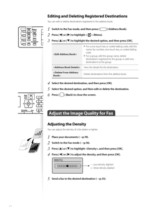 Page 5252
Editing and Deleting Registered Destinations 
You can edit or delete destinations registered in the address book.
1 Switch to the Fax mode, and then press [  ] (Address Book).
2 Press [◄] or [►] to highlight  (Menu).
3 Press [▲] or [▼] to highlight the desired option, and then press [OK].

• For a one-touch key or coded dialing code, edit the 
name, fax number, one-touch key, or coded dialing 
code.
• For a group, edit the group name, delete 
destinations registered to the group, or add new...