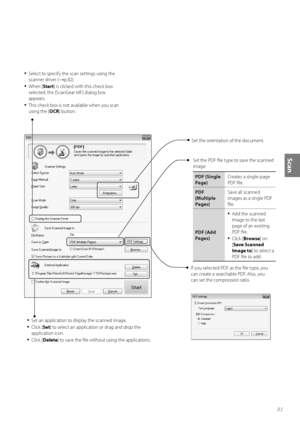 Page 8181
Scan
Set the orientation of the document.
If you selected PDF as the fi le type, you 
can create a searchable PDF. Also, you 
can set the compression ratio.
• Select to specify the scan settings using the 
scanner driver (
→p.82).
• When [ Start] is clicked with this check box 
selected, the [ScanGear MF] dialog box 
appears.
• This check box is not available when you scan 
using the [ OCR] button.
• Set an application to display the scanned image.
• Click [ Set] to select an application or drag and...