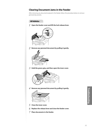 Page 9595
Tr o u b l e s h o o t i n g
 Clearing Document Jams in the Feeder
After removing any documents placed in the feeder, follow the procedure below to remove 
jammed documents.
MF4890dw
1 Open the feeder cover and lift the lock release lever.
 
2 Remove any jammed document by pulling it gently.
 
3 Hold the green grip, and then open the inner cover.
 
4 Remove any jammed document by pulling it gently.
 
5 Close the inner cover.
6 Replace the release lever and close the feeder cover.
7 Place documents in...