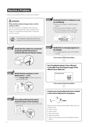 Page 104104
If you cannot solve the problem
Resolve a Problem
Follow the procedures below to resolve your problem.
See [Troubleshooting] in the e-Manual 
or the Q&A from the support page of the 
offi    cial Canon Web site.
WARNING
If the machine makes strange noises or emits 
smoke or odors:
Turn OFF the power immediately, disconnect the 
po

wer cord, and contact the Canon Customer Care 
Center. Do not attempt to disassemble or repair the 
machine yourself.
IMPORTANTIMPORTANTIf you attempt to repair the...