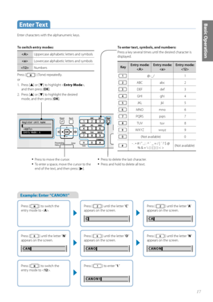 Page 1717
Basic Operation
To switch entry modes:
Uppercase alphabetic letters and symbols
 Lowercase alphabetic letters and symbols
 Numbers
P r

ess [ 
 ] (Tone) repeatedly.
or
1.  Pre ss  [
▲] or [▼] to highlight < Entry Mode>,  
and then press [ OK].
2. Press [
▲] or [▼] to highlight the desired 
mode, and then press [ OK].
Key Entry mode:
 Entry mode: 
 Entry mode: 

@.-_/   1
ABC abc 2
DEF def 3
GHI ghi 4
JKLjkl 5
MNO mno 6
PQRS pqrs 7
TUV tuv 8
WXYZ wxyz 9
(Not available) 0
- . 
* # ! " , ; : ^ ` _ =...