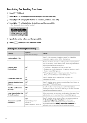 Page 6868
Restricting Fax Sending Functions 
1 Press [  ] (Menu).
2 Press [▲] or [▼] to highlight , and then press [OK].
3 Press [▲] or [▼] to highlight , and then press [OK].
4 Press [▲] or [▼] to highlight the desired item, and then press [OK].
• 
See “Settings for Restricting Fax Sending.”
 
Restrict TX Function
 Address Book PIN
 Restrict New Destin
. ..
  Allow Fax Driver TX
 Restrict Sending Fr
. ..
5 Specify the setting values, and then press [OK].
6 Press [  ] (Menu) to close the Menu screen.
 Settings...