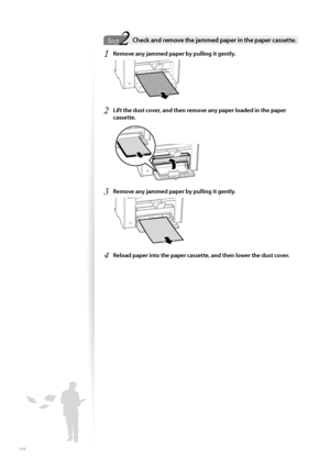 Page 9898
2StepStepCheck and remove the jammed paper in the paper cassette. 
1 Remove any jammed paper by pulling it gently.
 
2 Lift the dust cover, and then remove any paper loaded in the paper 
cassette.
 
3 Remove any jammed paper by pulling it gently.
 
4 Reload paper into the paper cassette, and then lower the dust cover.
 