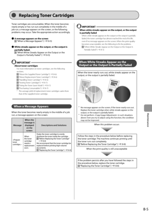 Page 1298-5
Maintenance
Toner	cartridges	are	consuma\fles.	When	the	toner	\fecomes	
nearly	empty	or	has	run	out	complet
ely
	in	the	middle	of	a	
jo\f	run,	a	message	appears	on	the	screen,	or	the	follo

wing
	
pro\flems	may	occur

.
	Take	the	appropr
 iate
	action	acc
 ordingly.
 ●\b \fessage appears on the screen	“When	a	Message	Appears ”	(→ P.	8-5)
 ●White str

eaks appear on the output, or the output is\R 
partially faded.
		“When	White	Str eaks	Appear	on	the	Output	or	the	Output	Is	Par
tially	Faded ”	(→ P....